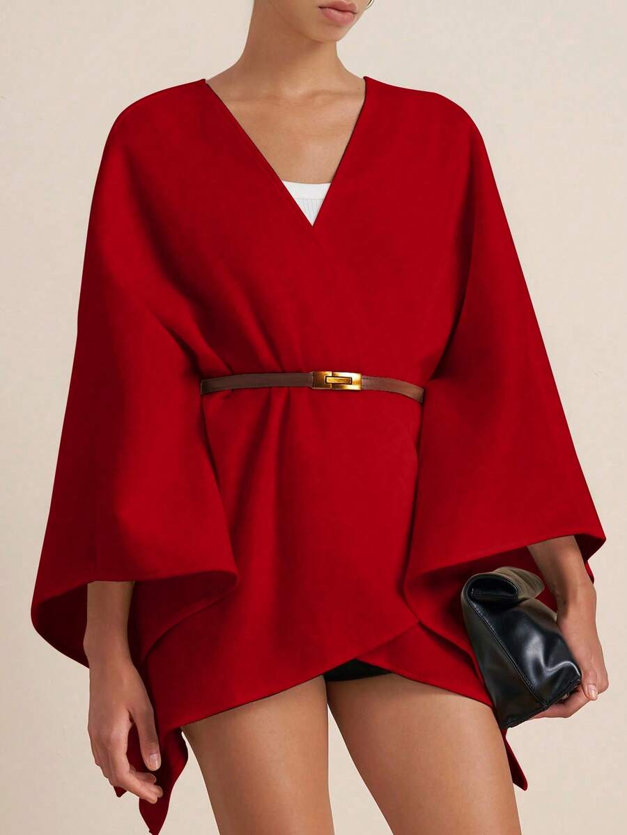 Airaco Women's Fashion Simple Solid Color Flared Sleeve Asymmetrical Hem Loose Jacket - Red - View 1