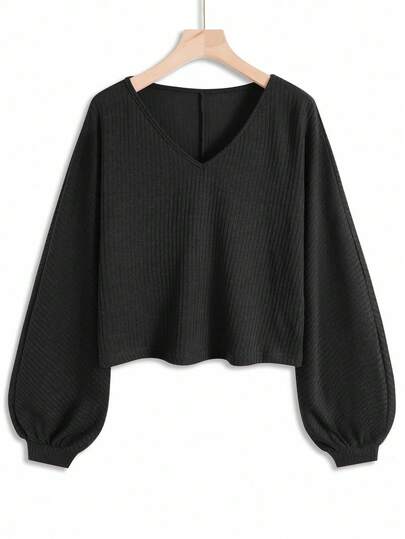 INAWLY Casual Loose Solid Color V-Neck Lantern Sleeve T-Shirt