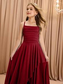 女孩优雅时尚奢华细肩带交叉肩无袖高腰收腰喇叭下摆长款不对称下摆设计纯色缎面闪亮面料高端圣诞节、毕业典礼、派对、万圣节连衣裙 - 酒紅色 - 查看 6