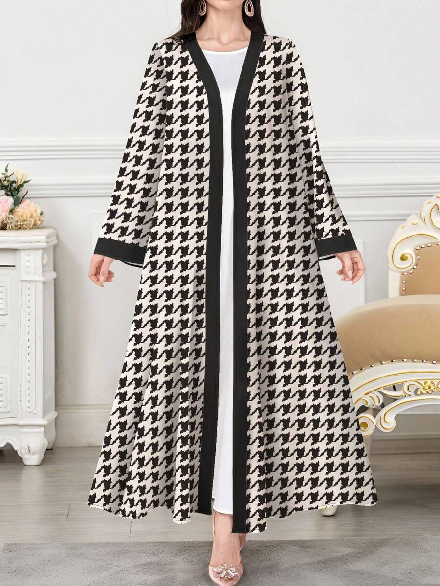 SHEIN Najma Áo choàng Abaya Ả Rập dài tay họa tiết kẻ caro hình học in toàn bộ dành cho nữ, mùa xuân/thu - Nhiều màu - Xem 1