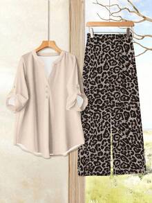 EMERY ROSE Women's Casual Solid Color Shirt And Leopard Print Pants 2 Pieces Set - Khaki - View 3