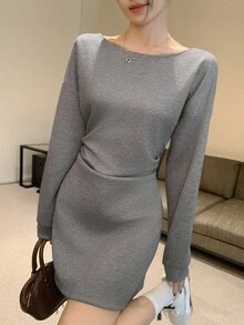 DAZY Đầm dự tiệc tay dài hở lưng màu trơn, ôm eo, trang trí nơ, thanh lịch dành cho nữ, mùa thu/đông - Xám - Xem 7