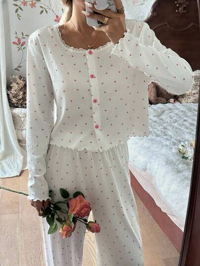 CottageSlumber Heart Print Lace Trim Decor Crew Neck Top & Long Pants 2 Pieces Pajama Set Pajama Sets For Women Round Neck Pj Sets For Women Long Sleeve Cherry Pajama Set Long Sleeve Lounge Set Pajamas Set Two Pieces, Fall Winter Clothes