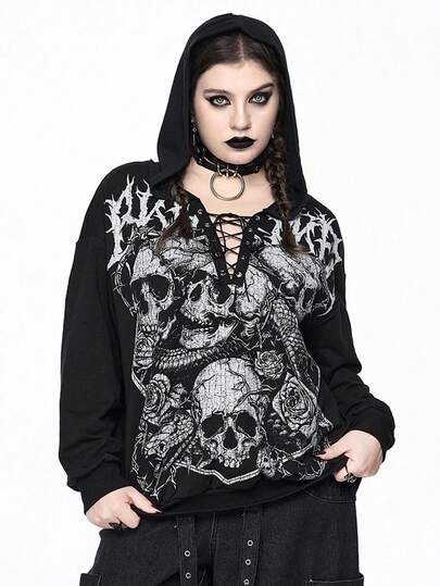 Goth Sudadera holgada de manga larga con estampado de calavera gótica de talla grande