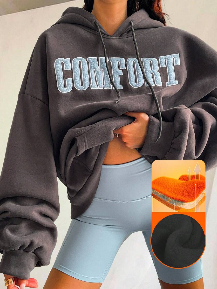 Livesso Damen Herbst/Winter Kapuzen-Sweatshirt mit Buchstaben-Stickerei, Oversized Passform, Langarm, Lässig mit Kordelzug