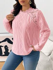 SHEIN Frenchy 大码女式休闲日常通勤纯色纹理面料撞色蕾丝灯笼袖宽松T恤，春秋季 - 粉色 - 查看 5