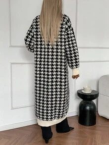 DAZY Cardigan long décontracté en tricot à manches longues avec poches et épaules tombantes, motif pied-de-poule, automne/hiver pour femmes - Noir - Voir 6