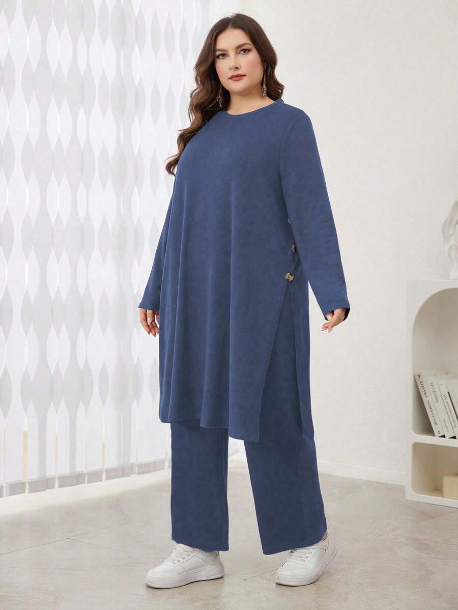 Lacomfia 2pcs Plus Size Casual Solid Color Side Split Top And Pants Set, Autumn, Casual Muslim Fashion Suit Longline Co-Ords, For Casual Daily 2 Pieces Set Modest - Blue - View 1