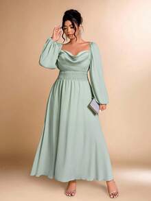 Cravure Christmas Plus Size Elegant Party Solid Color Draped Neck Side Slit Dress - Mint Green - View 6