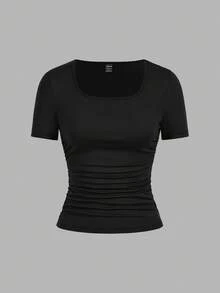 SHEIN EZwear 4 件套黑色休闲简约纯色舒适圆领短袖 T 恤女士，适合春夏季 - 黑色 - 查看 9