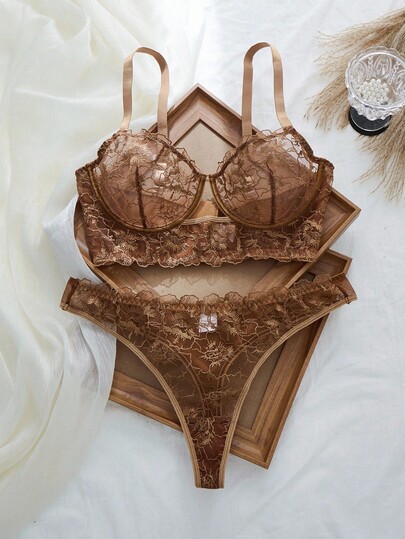 SHEIN 2pcs Plus Size Women Black Embroidery Lingerie Set, Hollow Out Sheer Thin Long Boned Underwear Set Transparent Lingerie Boobless Lingerie Set Hollow Out Lingerie Brown Lingerie Brown Lace Bra