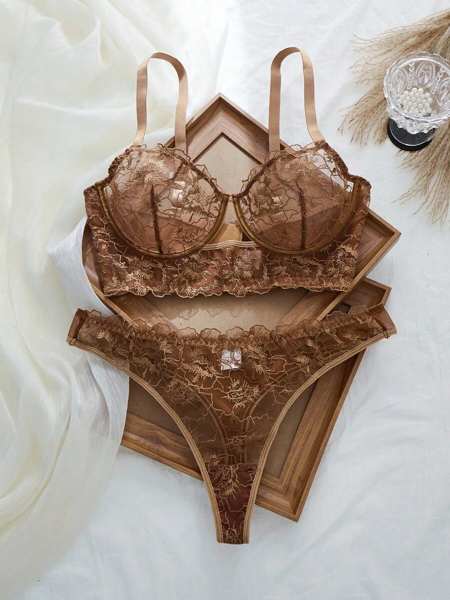 SHEIN 2pcs Plus Size Women Black Embroidery Lingerie Set, Hollow Out Sheer Thin Long Boned Underwear Set Transparent Lingerie Boobless Lingerie Set Hollow Out Lingerie Brown Lingerie Brown Lace Bra - Coffee Brown - View 1