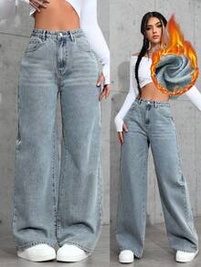 SHEIN ICON Jeans rectos de cintura alta lavados de manera casual - Azul - Ver 6