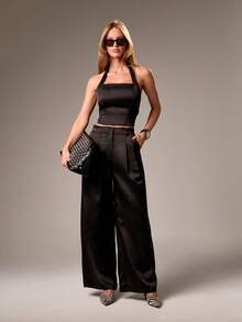 AiiRZ Pantalones formales de pierna ancha con cintura fruncida para oficina y negocios, pantalones profesionales para ocasiones especiales y eventos de noche - Negro - Ver 3