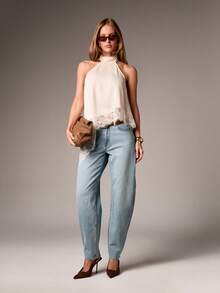 AiiRZ 优雅露背不对称上衣，带精致蕾丝边，无袖衬衫，夏季婚礼宾客派对晚装 - 杏色 - 查看 3