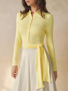 INAWLY Mono de mujer de unicolor con un solo abotonado, manga larga y cinturón en la cintura, de uso casual - Amarillo - Ver 7