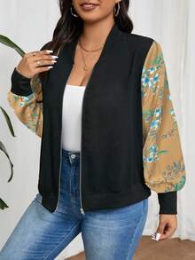 SHEIN Frenchy Áo khoác bóng chày họa tiết hoa chắp vá cỡ lớn cho nữ, màu tương phản thường ngày, mùa thu - Màu vàng - Xem 3