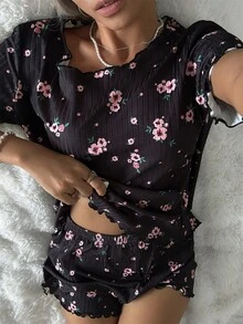 CottageSlumber Floral Rib Knit Loose Fit Short Sleeve Top & Shorts Women Pajama Set Black Pj Set Women, Christmas - Black - View 5