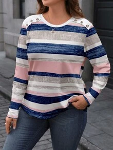 EMERY ROSE Plus Size Casual Colorblock Striped Print Long Sleeve T-Shirt, Autumn