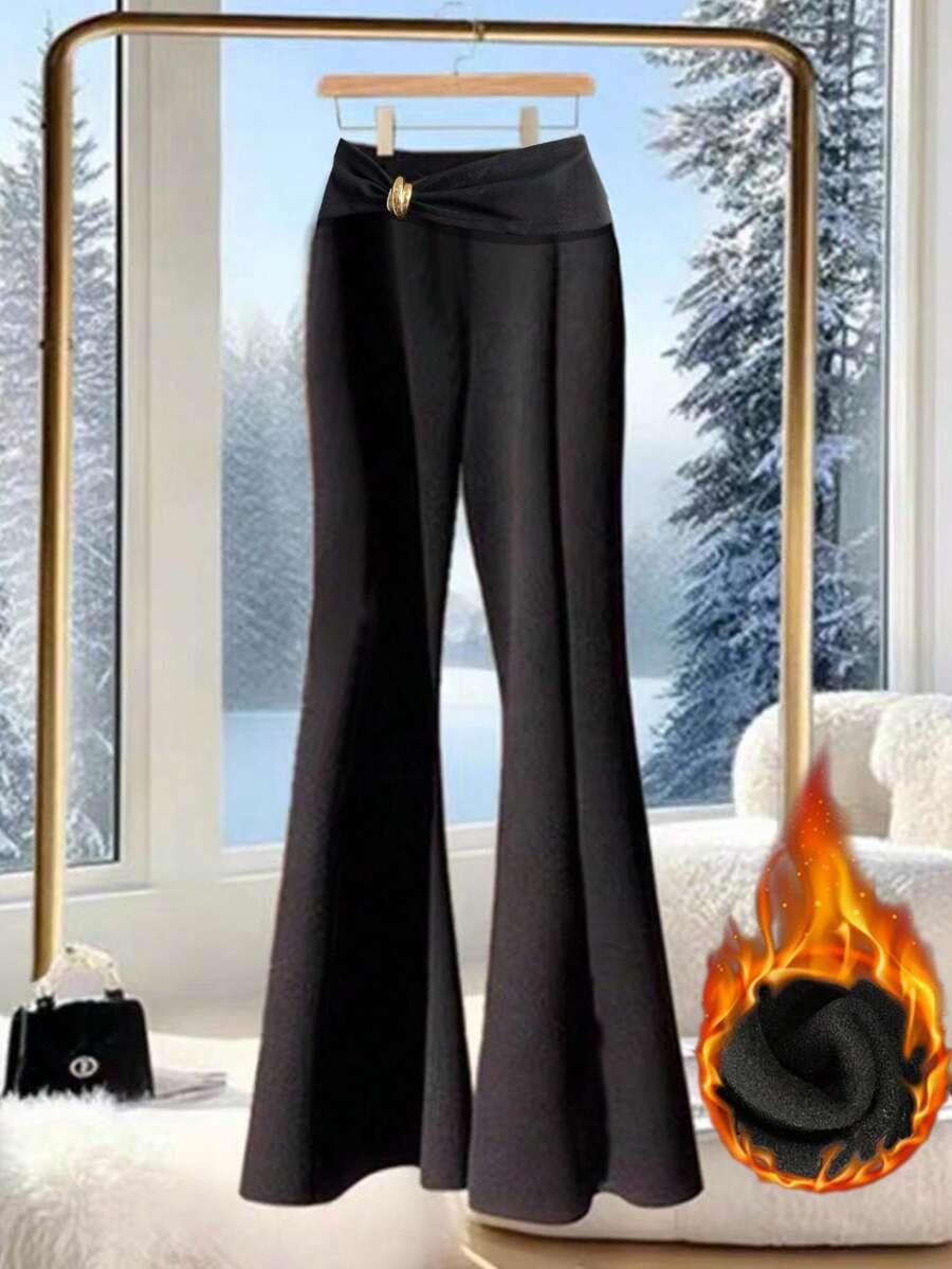 Franclia Women's High Waist Solid Color Flare Leg Thermal Lined Leggings, Double-Sided Pants - Black - View 1