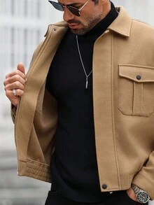 Manfinity CasualCool 男士纯色长袖拉链领口袋休闲外套，秋冬款 - 咖啡棕 - 查看 7