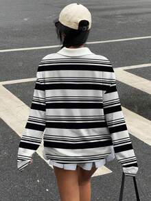 Muchica 休闲简约复古黑白条纹全印花 Polo 领半拉链女式长款 T 恤，适合秋冬季、复古、性感、可爱、Y2K、椰子女孩、波西米亚风、嬉皮士、音乐节 - 彩色 - 查看 2