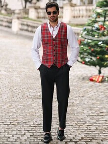 Manfinity CasualCool Questo gilet casual da uomo presenta un motivo a quadri per uno stile elegante e stratificato. Perfetto per il Natale, è adatto per l'uso quotidiano, per il lavoro, per feste e banchetti. Questo gilet è un pezzo versatile ed essenziale nel guardaroba di ogni uomo ed è un ottimo regalo per il tuo ragazzo o marito. Gilet da uomo a quadri rossi per uomo elegante senza maniche, costumi natalizi - Multicolore - Visualizzare 4