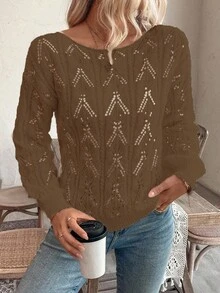 SHEIN LUNE Sweater Pullover Longgar Bermotif Bunga Berongga dengan Bahu Terbuka, Gaya Liburan Kasual - Coffee Brown - View 6