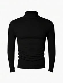 Manfinity Camiseta de manga larga con cuello alto de unicolor casual para hombres de talla grande, otoño/invierno - Negro - Ver 5