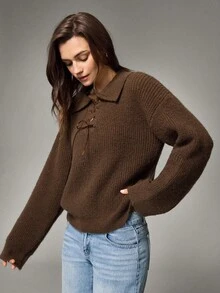 SHEIN كنزة صوفية كاجوال للنساء بلون أحادي مع حزام متقاطع، خريف/شتاء - بني - مشاهدة 4
