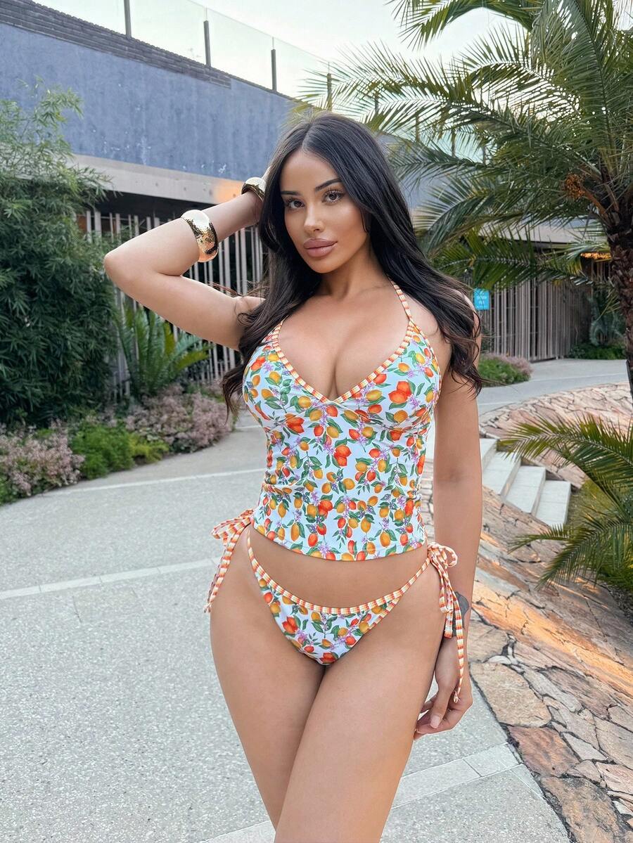 Shopreo Set de 2 piezas de ropa de playa con estampado de limón, camiseta de tirantes a rayas y bikini ajustable - Multicolor - Ver 1