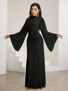 Veilorie 不对称下摆、褶饰、斜领、喇叭袖优雅加长连衣裙 - 黑色 - 查看 5