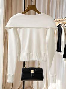 Franclia Áo len cổ rộng màu trắng thanh lịch của Pháp, áo len cổ tròn độc đáo cho mùa thu/đông, kết hợp với áo phông cổ lọ co giãn - trắng - Xem 2
