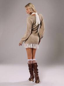 TRNVIE 1pc Women's Apricot Sweater Dress, Everyday Wear, 2 In 1, Lace & Cable Knit Pattern, Bodycon Waist - Apricot - View 2