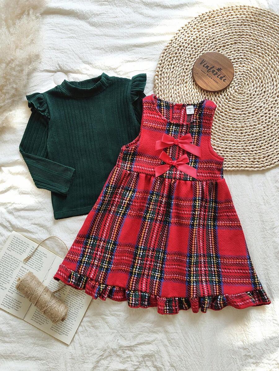 Vintaside Kids 2pcs/Set Girls Solid Color Long Sleeve Flutter Sleeve Top And Plaid Bow Decor Sleeveless Pinafore Dress, Young - Multicolor - View 1