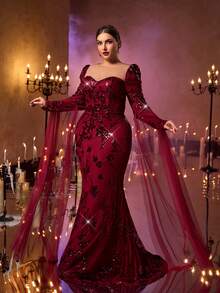 Aureia فستان أنيق رومانسي أحمر اللون بتصميم رقبة قلب شفاف من الشبك والتطريز الفاخر بالخرز وذيل سمكة الحورية، مناسب للزفاف والحفلات والمناسبات المسائية (مزخرف بشكل كبير)