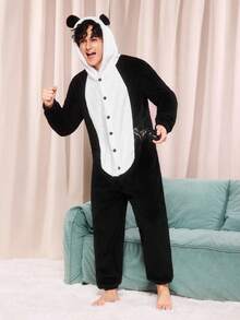 Men Playful Cartoon Animal Panda Plush Cosplay Reversible Fleece Jumpsuit, Comfortable Homewear, Suitable For Family Party, Fluffy, Winter, Cozy - Black and White - View 1