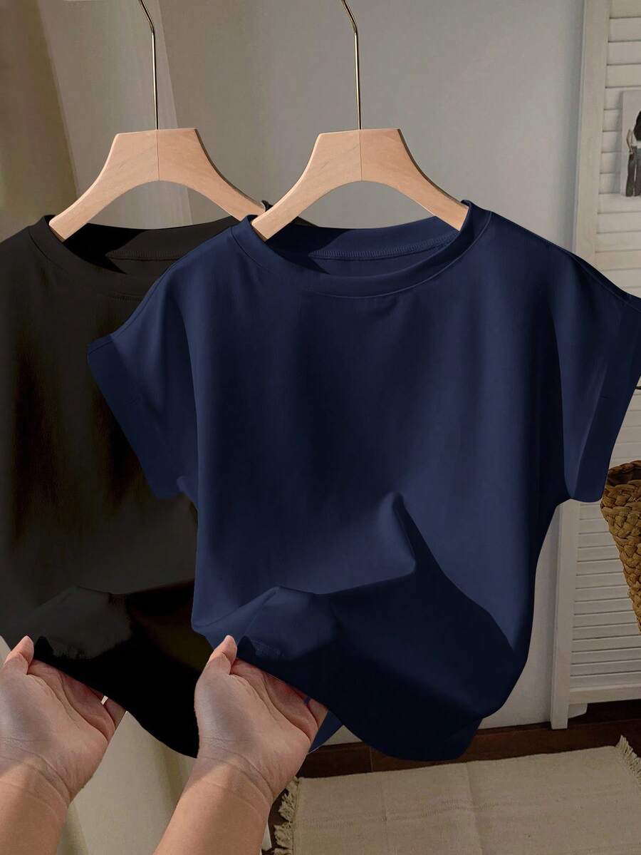 SHEIN EZwear 2 chiếc áo thun cổ tròn tay ngắn màu đen và xanh navy, phù hợp cho mùa hè - Nhiều màu - Xem 1