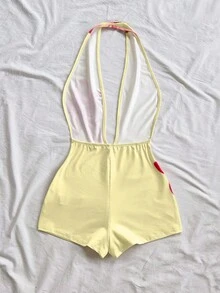 Soleia 女士度假白色针织纹理波浪图案深 V 领露背性感紧身衣，时尚合身，适合派对、约会、下午茶、波西米亚风度假、海滩、夏季服装 - 黃色 - 查看 2