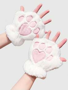 ROMWE Kawaii 1 Pair Plush Cat Paw Fingerless Gloves, Suitable For Daily Wear - White - View 1