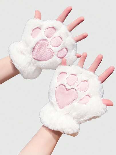Kawaii 1 Pair Plush Cat Paw Fingerless Gloves, Suitable For Daily Wear