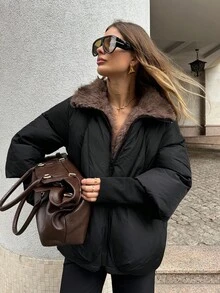 SHEIN BAE 女士时尚通勤夹克，带毛领，冬季 - 黑色 - 查看 1