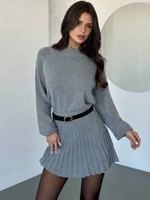 Firerie 女士灰色高领长袖上衣和喇叭迷你裙毛衣套装，温柔优雅年轻毛衣套装，春秋冬装，通勤，优雅，休闲日常，工作装 - 灰色 - 查看 3