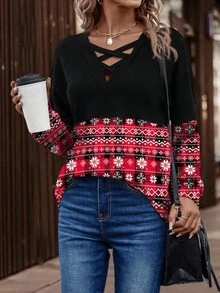 EMERY ROSE Women's Autumn/Winter New Criss-Cross Collar Design Christmas Element Print Patchwork Sweatshirt - Multicolor - View 5