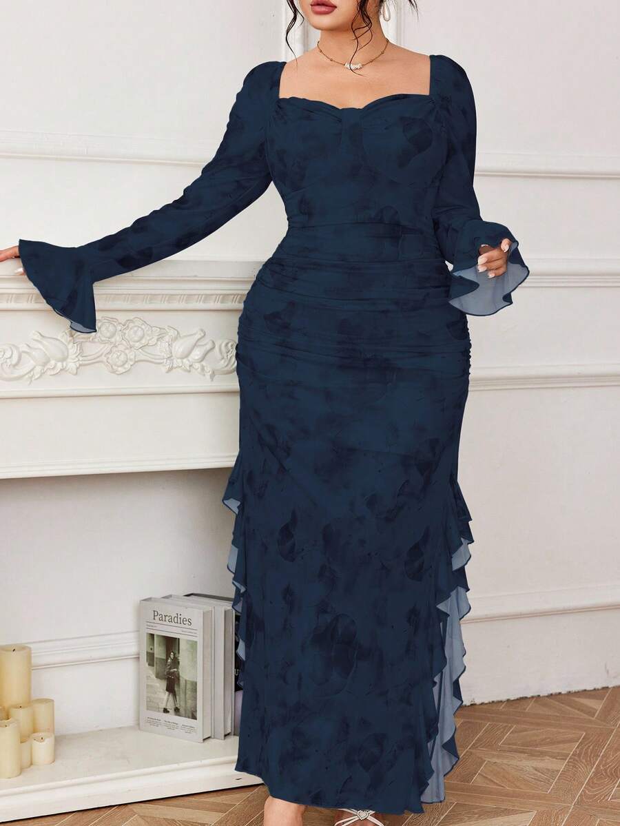 Modelyn Women's Floral Print Ruffle Hem Slit Elegant Sexy Dress - Royal Blue - View 1