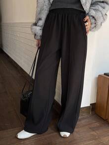 DAZY Quần dài lưng thun co giãn thẳng màu trơn lót nhiệt dành cho nữ, thích hợp mặc đi làm vào mùa thu/đông Quần dài thường ngày lót nhiệt màu trơn dành cho nữ - màu đen - Xem 3