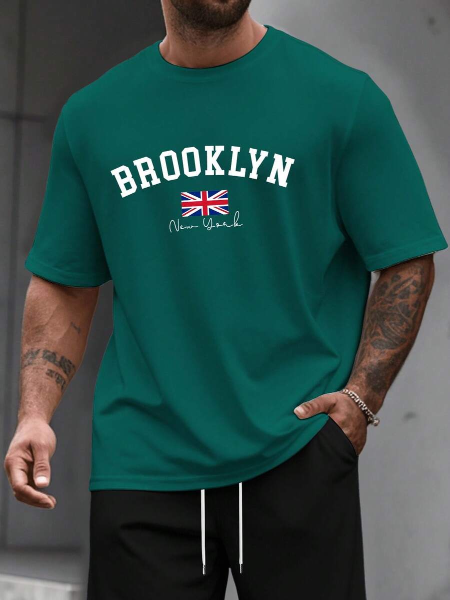 Manfinity Homme Plus Size Men's Casual Letter Graphic Round Neck Short ...
