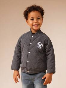 SUMWON 儿童绗缝飞行员夹克钻石缝制图案冬季外套经典罗纹领时尚街头服饰休闲保暖日常外套 - 深灰色 - 查看 5