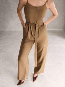 SHEIN Unity Women's Solid Color Utility Pocket Casual Jumpsuit - Coffee Brown - View 5