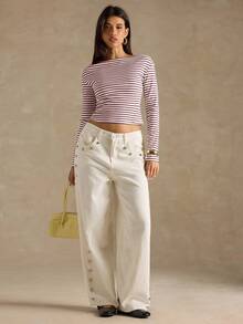 SHEIN BAE 女式条纹不对称肩长袖收腰短款时尚T恤 - 紅色 - 查看 4